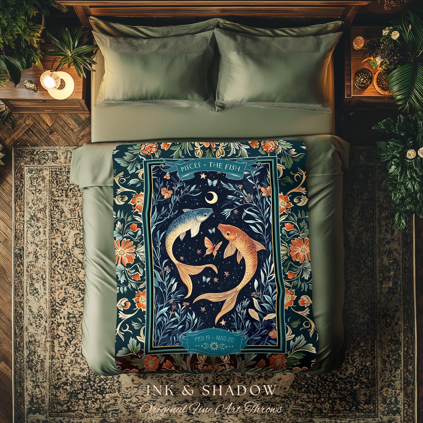 Moonlit Pisces Zodiac Tapestry Blanket Dreamy Celestial Art Nouveau Style | The Fish Star Sign Whimsical Botanical Water Birthday Month Gift