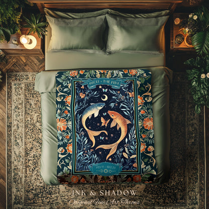 Moonlit Pisces Zodiac Tapestry Blanket Dreamy Celestial Art Nouveau Style | The Fish Star Sign Whimsical Botanical Water Birthday Month Gift