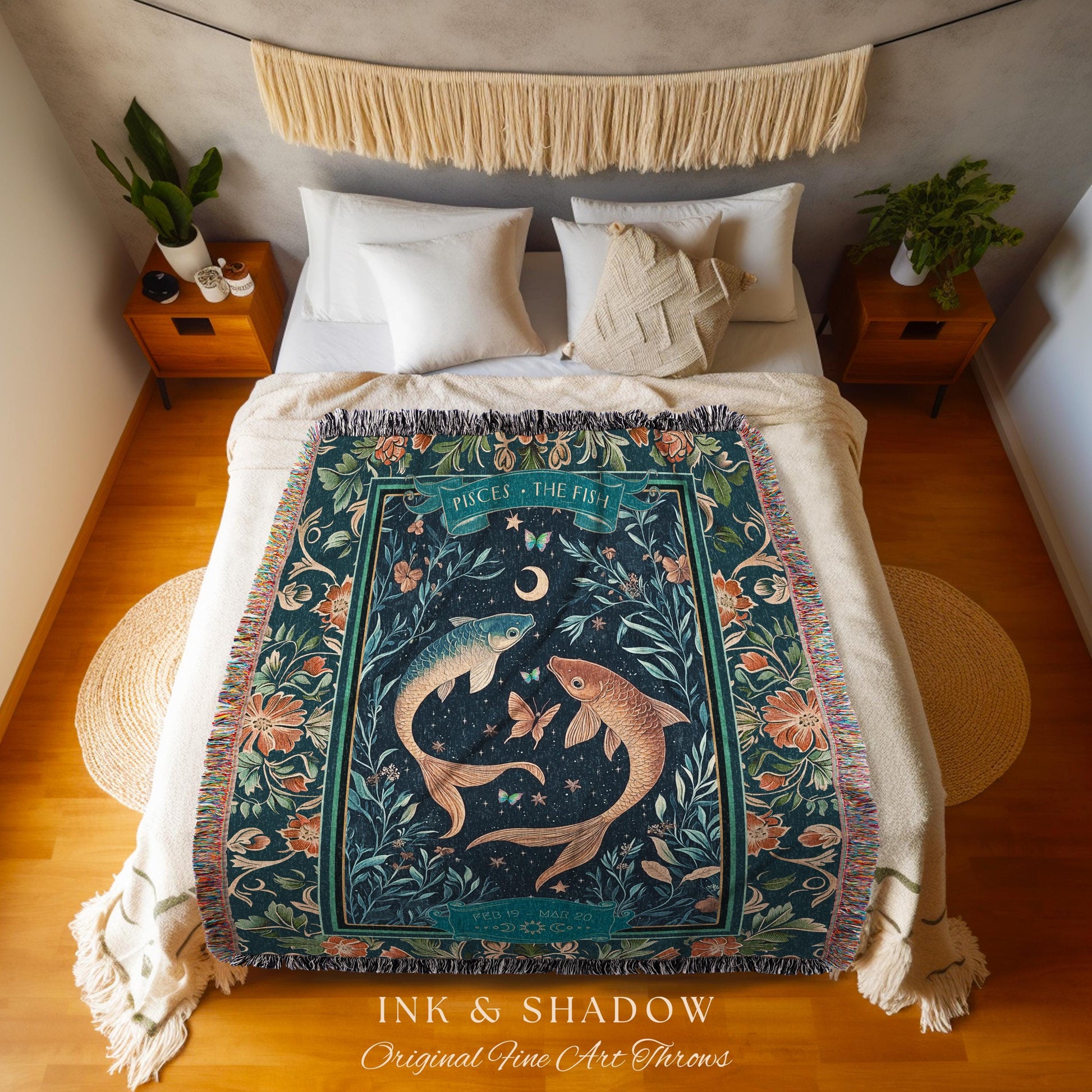 Moonlit Pisces Zodiac Tapestry Blanket Dreamy Celestial Art Nouveau Style | The Fish Star Sign Whimsical Botanical Water Birthday Month Gift