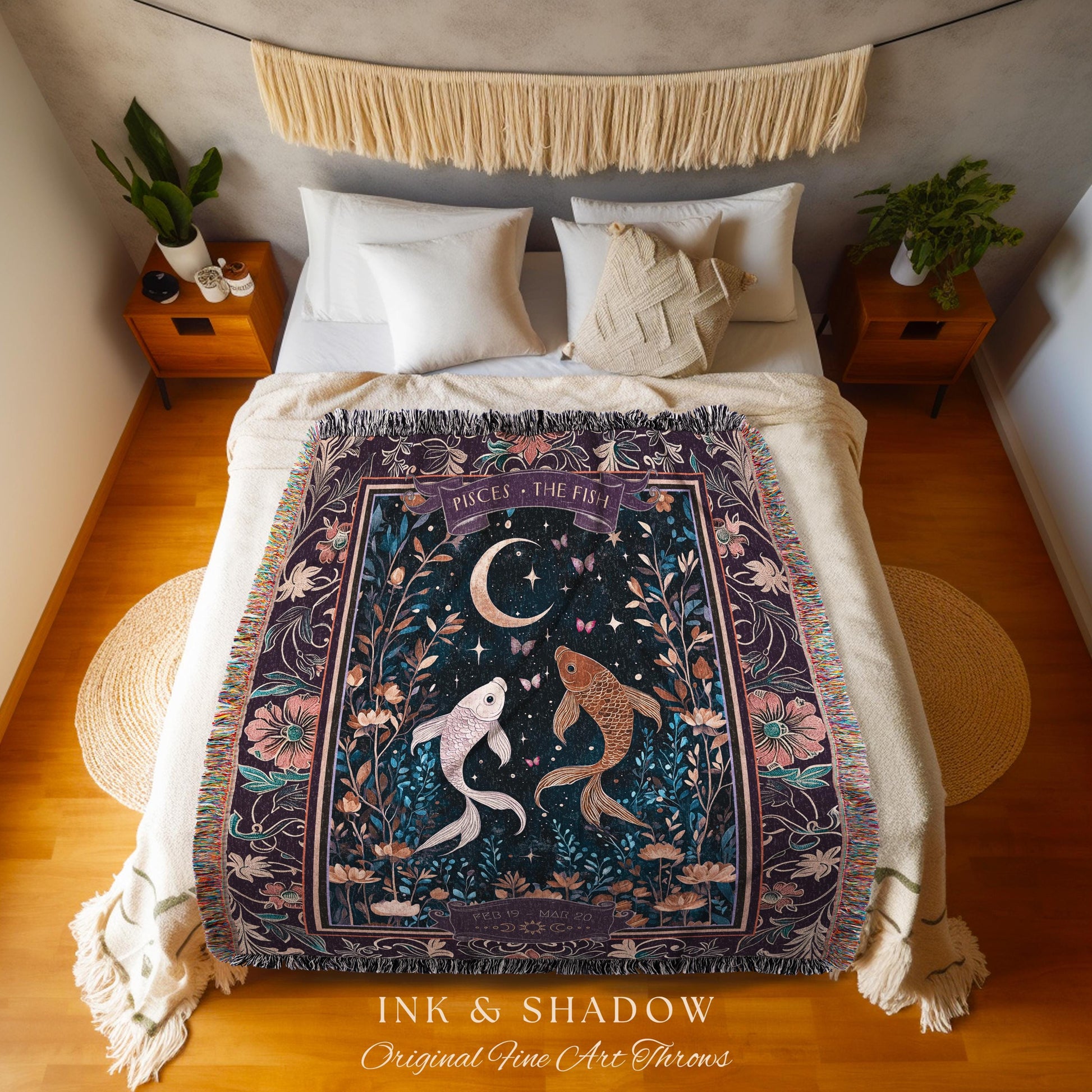 Dark Academia Pisces Blanket Celestial Constellation Gothic Decor | The Fish Astrology Tapestry Throw Magic Maximalist Moonlit Zodiac Gift