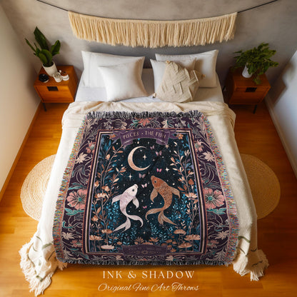 Dark Academia Pisces Blanket Celestial Constellation Gothic Decor | The Fish Astrology Tapestry Throw Magic Maximalist Moonlit Zodiac Gift