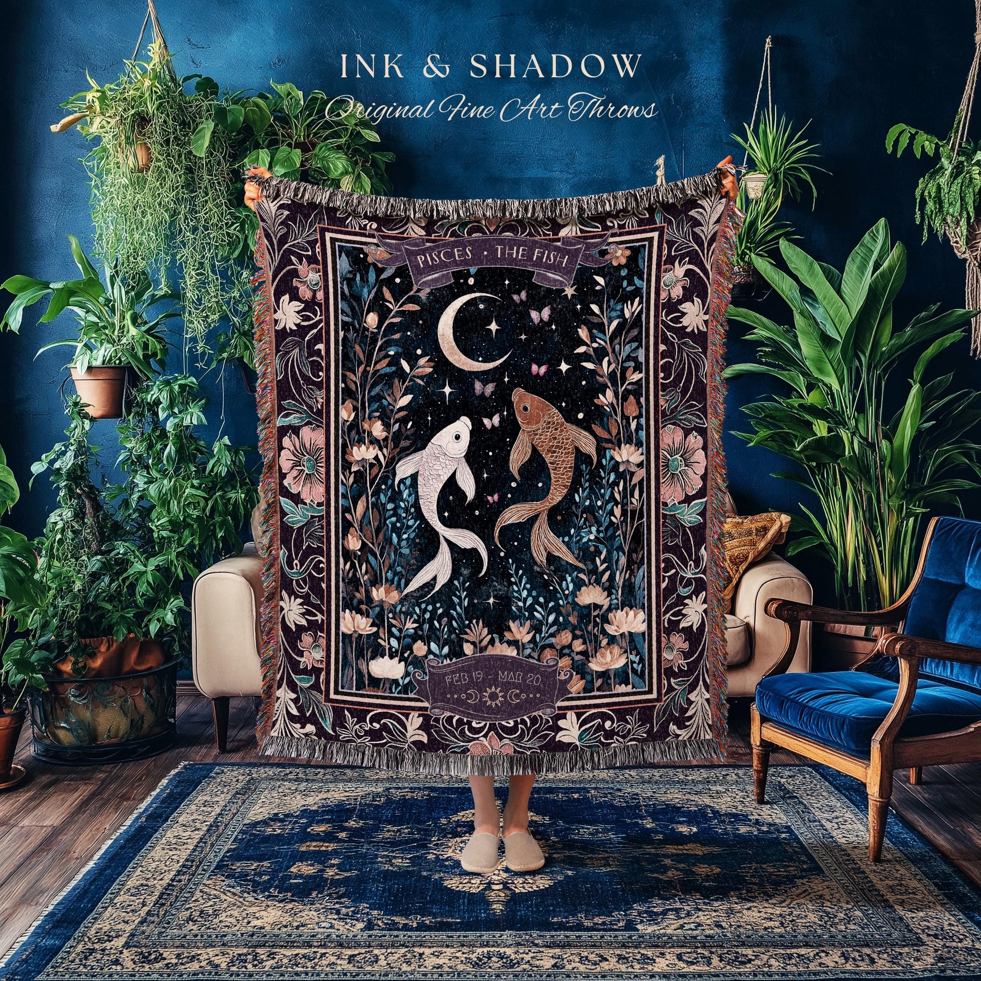 Dark Academia Pisces Blanket Celestial Constellation Gothic Decor | The Fish Astrology Tapestry Throw Magic Maximalist Moonlit Zodiac Gift