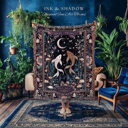 Dark Academia Pisces Blanket Celestial Constellation Gothic Decor | The Fish Astrology Tapestry Throw Magic Maximalist Moonlit Zodiac Gift