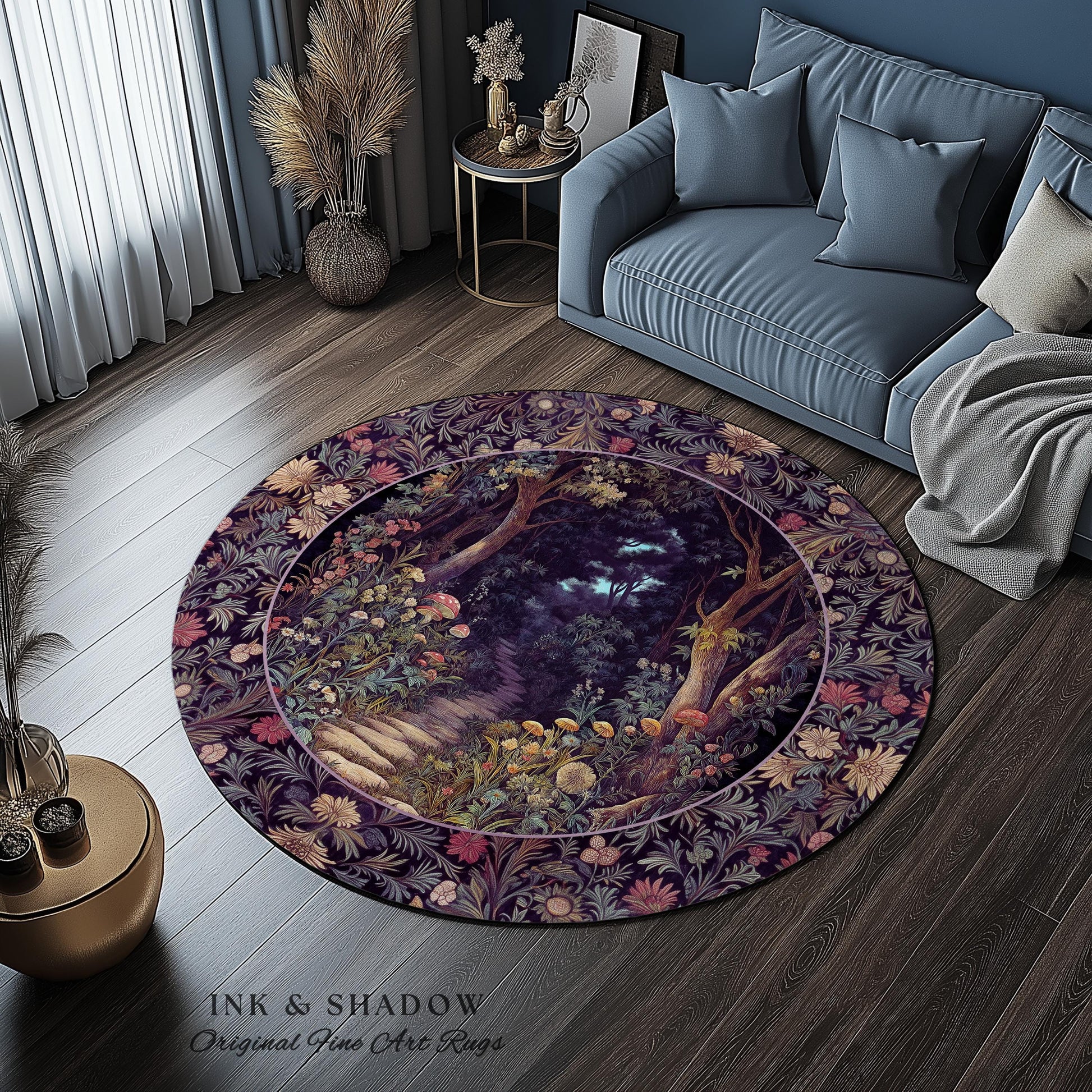 Magical Woodland Mushroom Round Rug | Fairytale Theme Woodland Botanical Aesthetic Whimsical Home Decor Bedroom Housewarming Gift Purple |