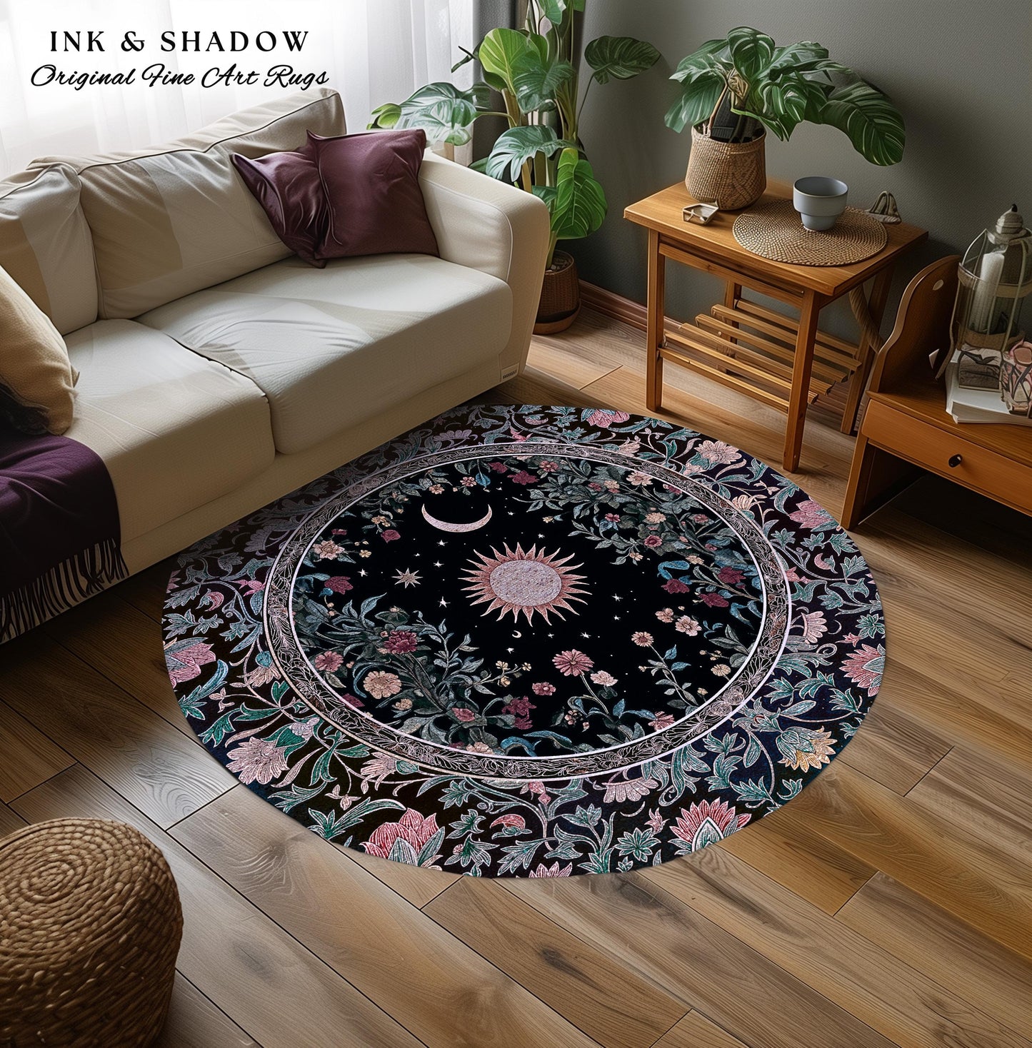Midnight Lavender Celestial Round Rug | Witchy Pastel Tarot-Inspired Bohemian Sun & Moon Maximalist Astrology Whimsical Purple Bedroom Decor
