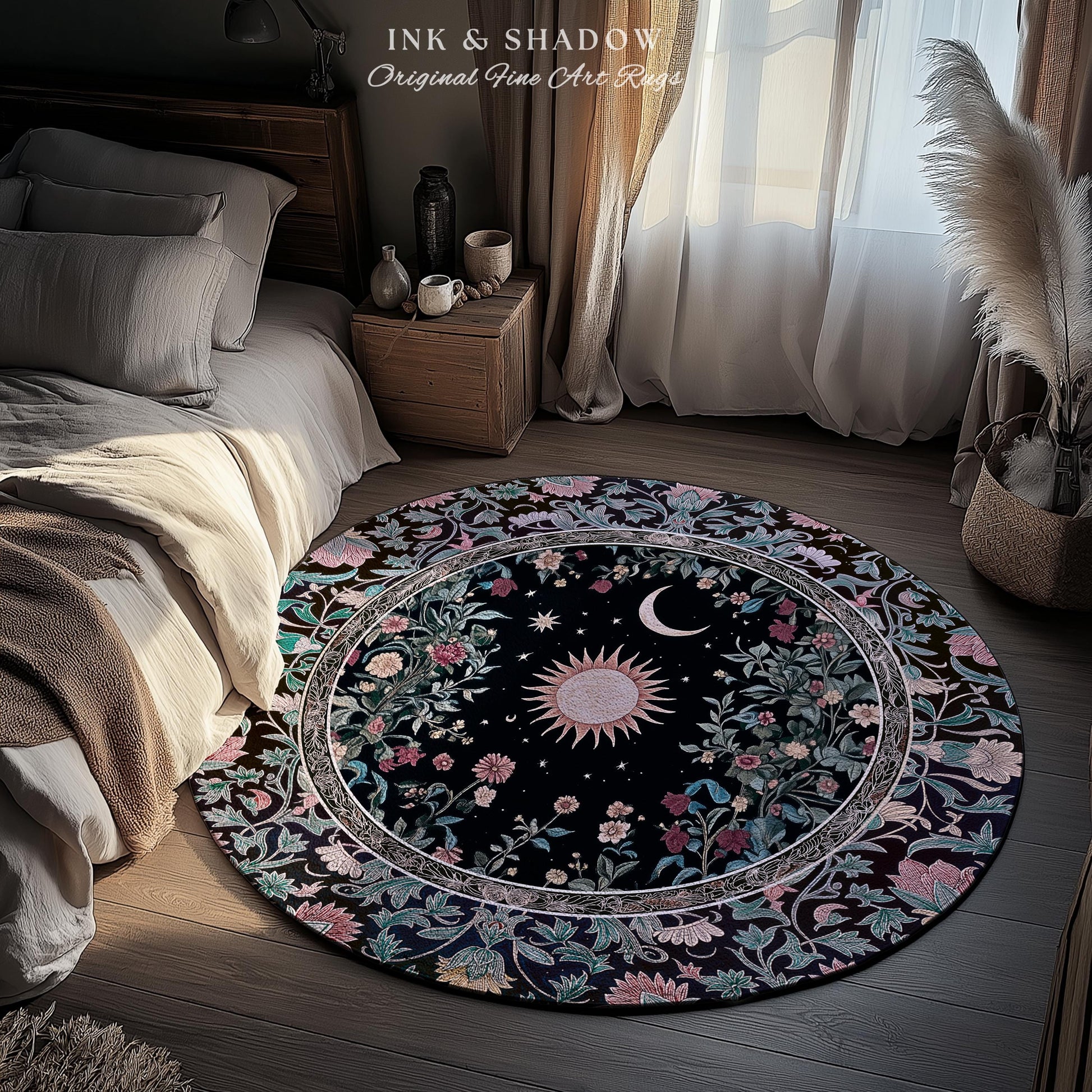 Midnight Lavender Celestial Round Rug | Witchy Pastel Tarot-Inspired Bohemian Sun & Moon Maximalist Astrology Whimsical Purple Bedroom Decor
