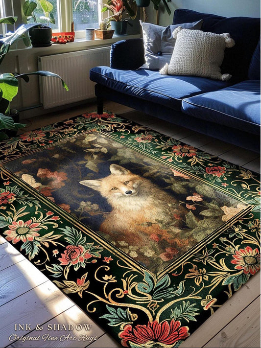 Elegant Floral Fox Rug | Ornate Room Decor William Morris Inspired Forest Rug Fairycore Boho Bedroom Rug Ethereal Decoration Cottagecore