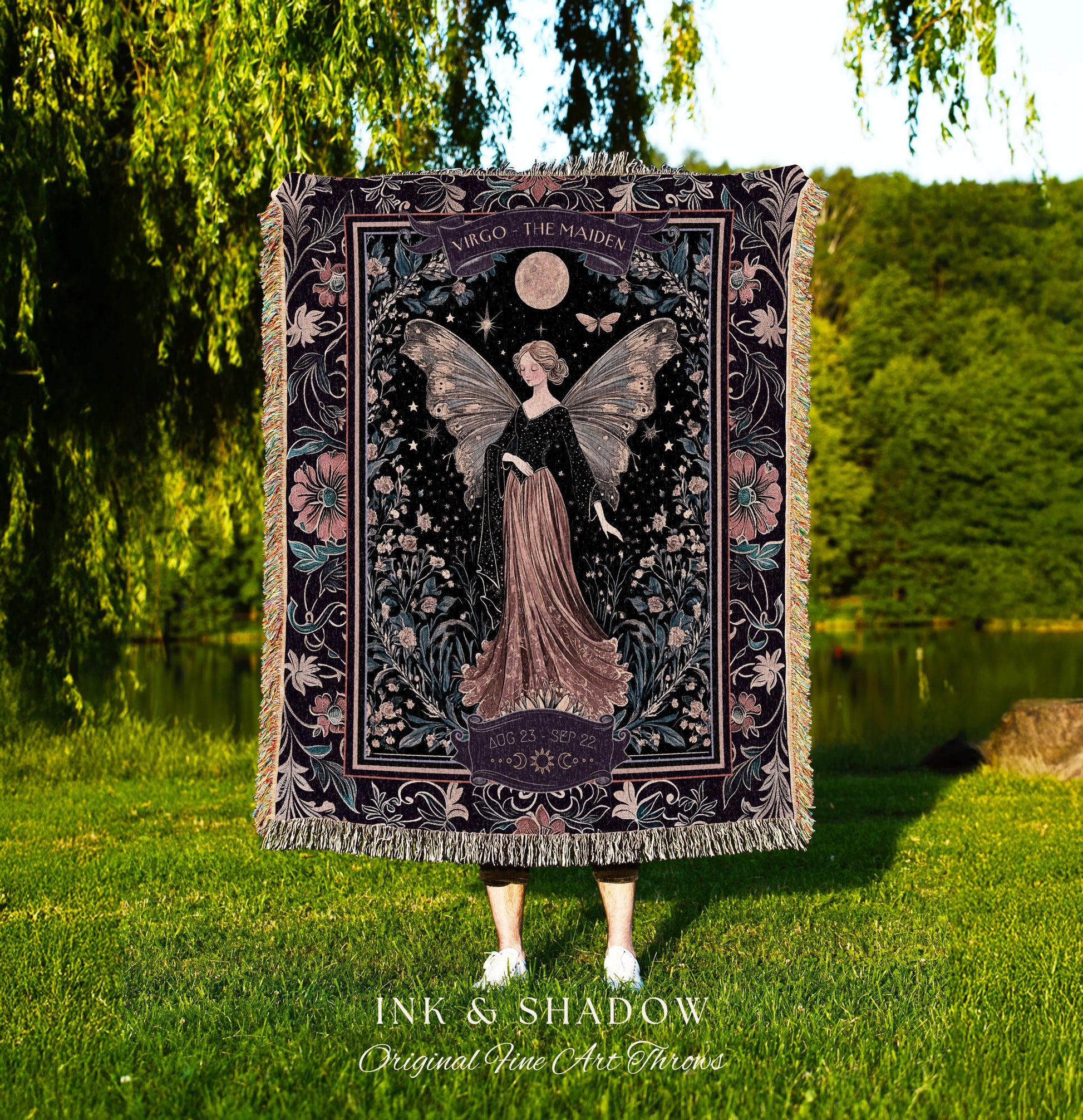 Vintage Fairycore Mystical Moonlit Virgo Star Sign Whimsical Astrology Tapestry Throw | The Maiden Witchy Whimsigothic Celestial Art Blanket
