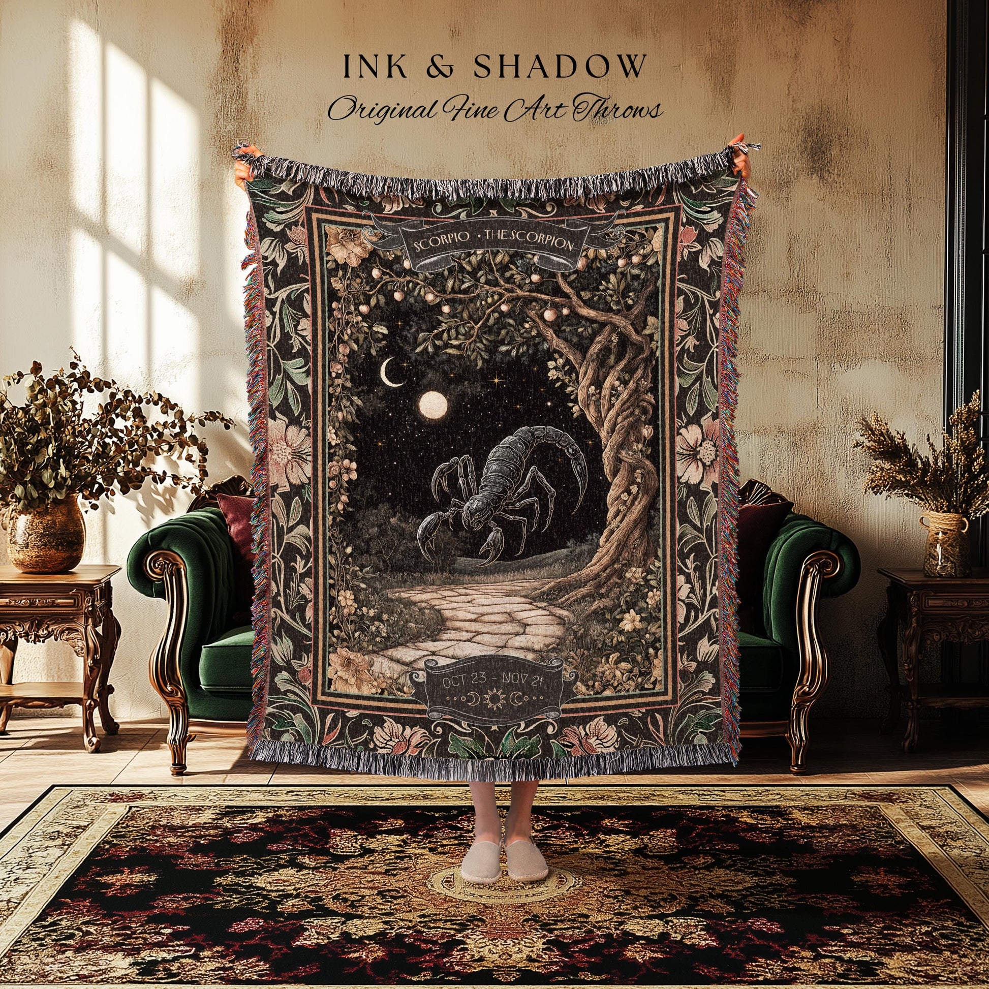 Antique Baroque Scorpio Astrology Tapestry Dark Woodland Gothic Zodiac Blanket | The Scorpion Mystic Forestcore Night Sky Birth Month Decor