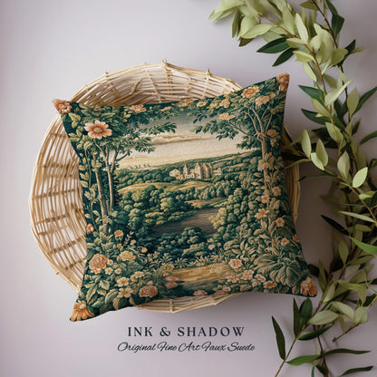 Princess Medieval Woven Throw Pillow | Rustic Floral Landscape Whimsigoth Castle Ethereal Bedroom Tapestry Cushion Woodland Gothic Romantic