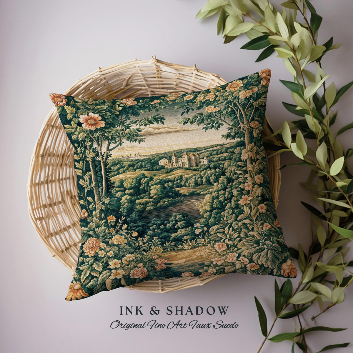 Princess Medieval Woven Throw Pillow | Rustic Floral Landscape Whimsigoth Castle Ethereal Bedroom Tapestry Cushion Woodland Gothic Romantic