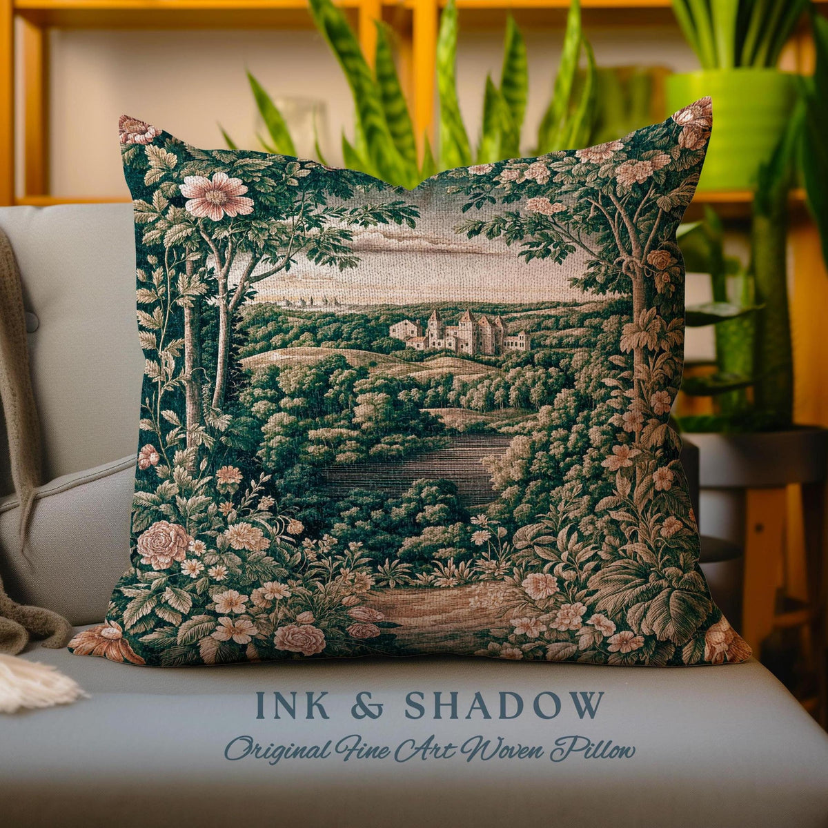 Princess Medieval Woven Throw Pillow | Rustic Floral Landscape Whimsigoth Castle Ethereal Bedroom Tapestry Cushion Woodland Gothic Romantic