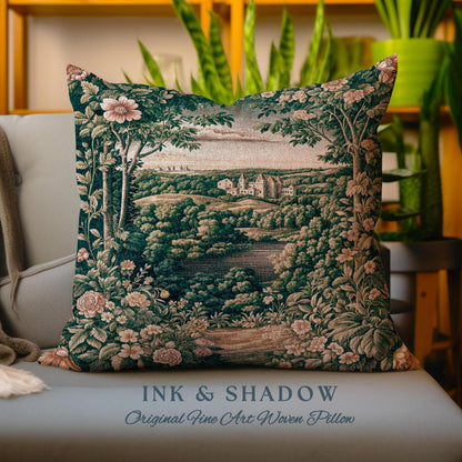 Princess Medieval Woven Throw Pillow | Rustic Floral Landscape Whimsigoth Castle Ethereal Bedroom Tapestry Cushion Woodland Gothic Romantic