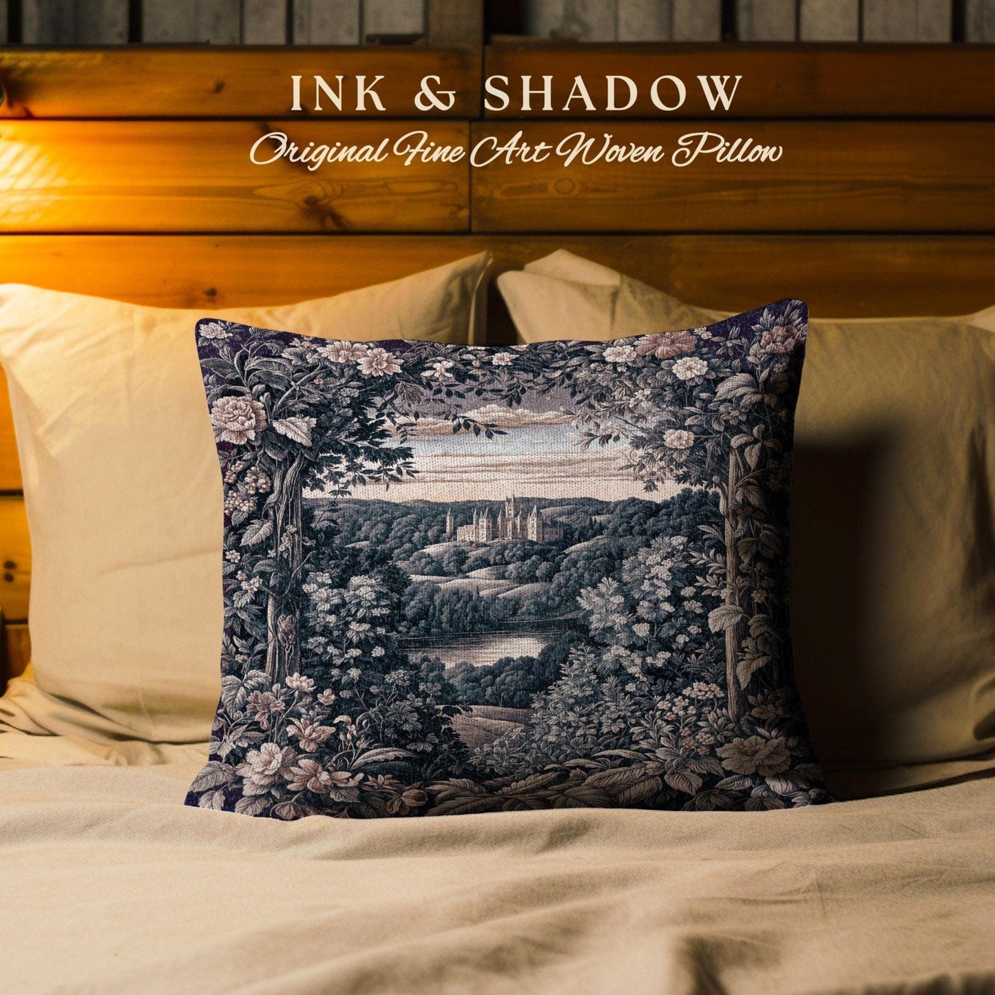 Pastel Castle Countryside Fairycore Floral Tapestry Pillow | Ethereal Woodland Botanical Royalcore Purple Woven Cushion Medieval Landscape
