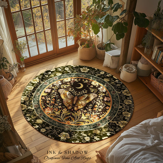Whimsical Moth Round Rug Soft Cottagecore Rustic Decor | Mystic Floral Butterfly Vintage Golden Aesthetic Bohemian Fairycore Botanical Rug