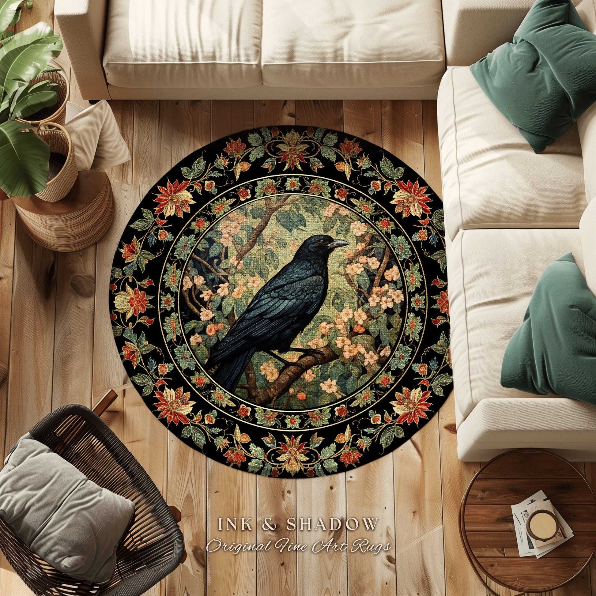 Dark Academia Crowcore Rug | Ethereal Bedroom Decor William Morris Inspired Cottagecore Aesthetic Dark Fairycore Book Nook Woodland Witchy