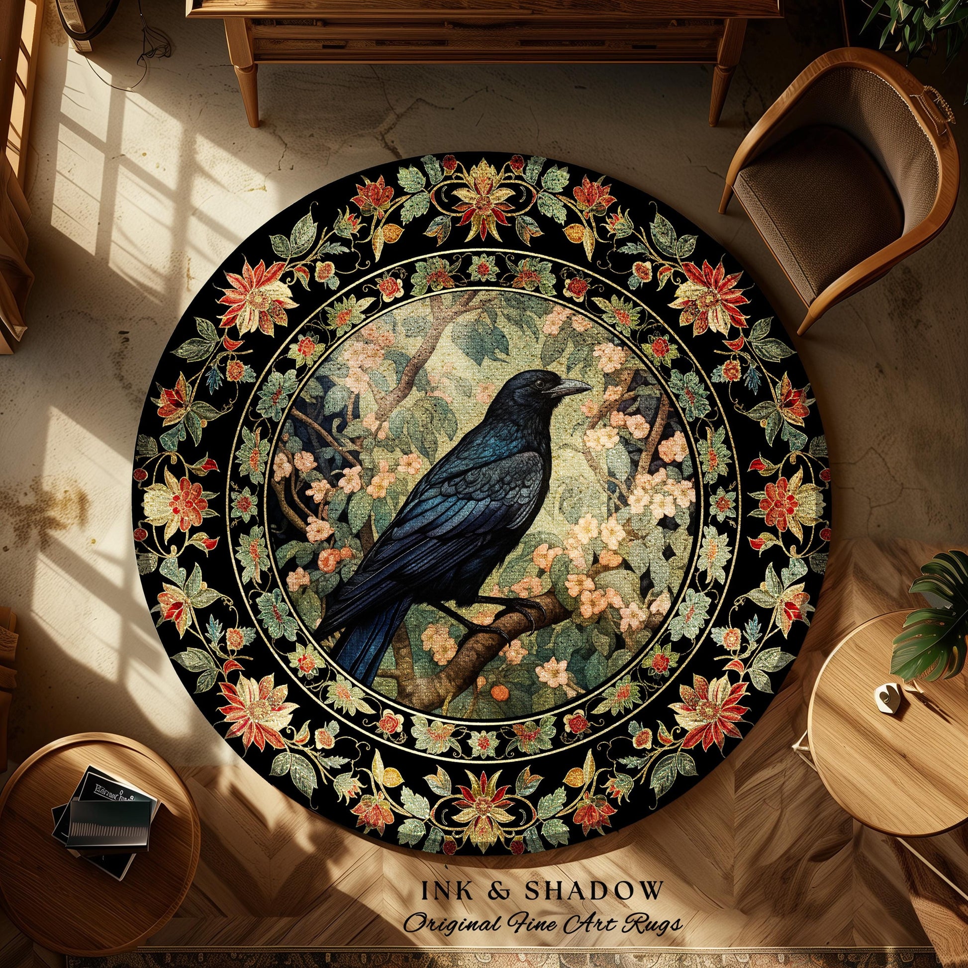 Dark Academia Crowcore Rug | Ethereal Bedroom Decor William Morris Inspired Cottagecore Aesthetic Dark Fairycore Book Nook Woodland Witchy