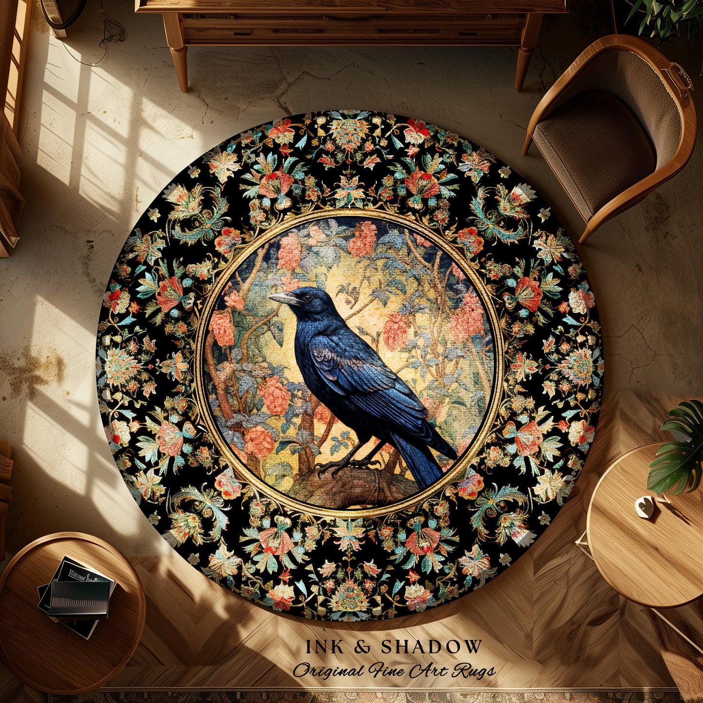 Whimsical Raven Rug Dark Floral Boho Fairycore Decor | Dark Cottagecore Crow Rug Forestcore Which Aesthetic Woodland Gothic Crowcore Decor