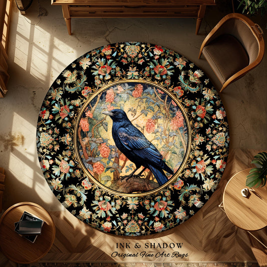 Whimsical Raven Rug Dark Floral Boho Fairycore Decor | Dark Cottagecore Crow Rug Forestcore Which Aesthetic Woodland Gothic Crowcore Decor