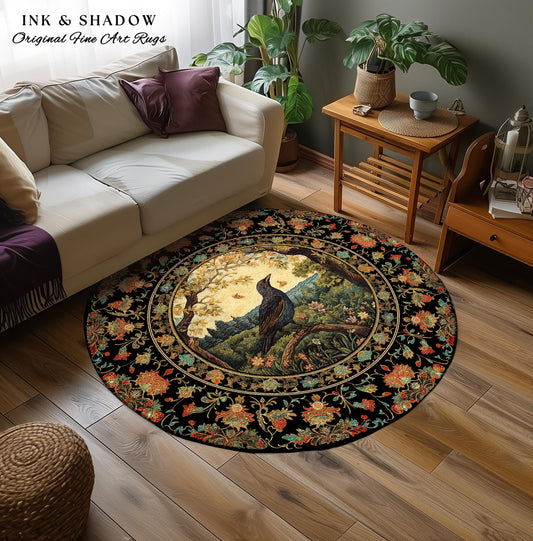 Victorian Gothic Round Raven Rug Morris Inspired Cottagecore Aesthetic | Woodland Fairycore Bedroom Black Crow Forestcore Home Decor Whimsy