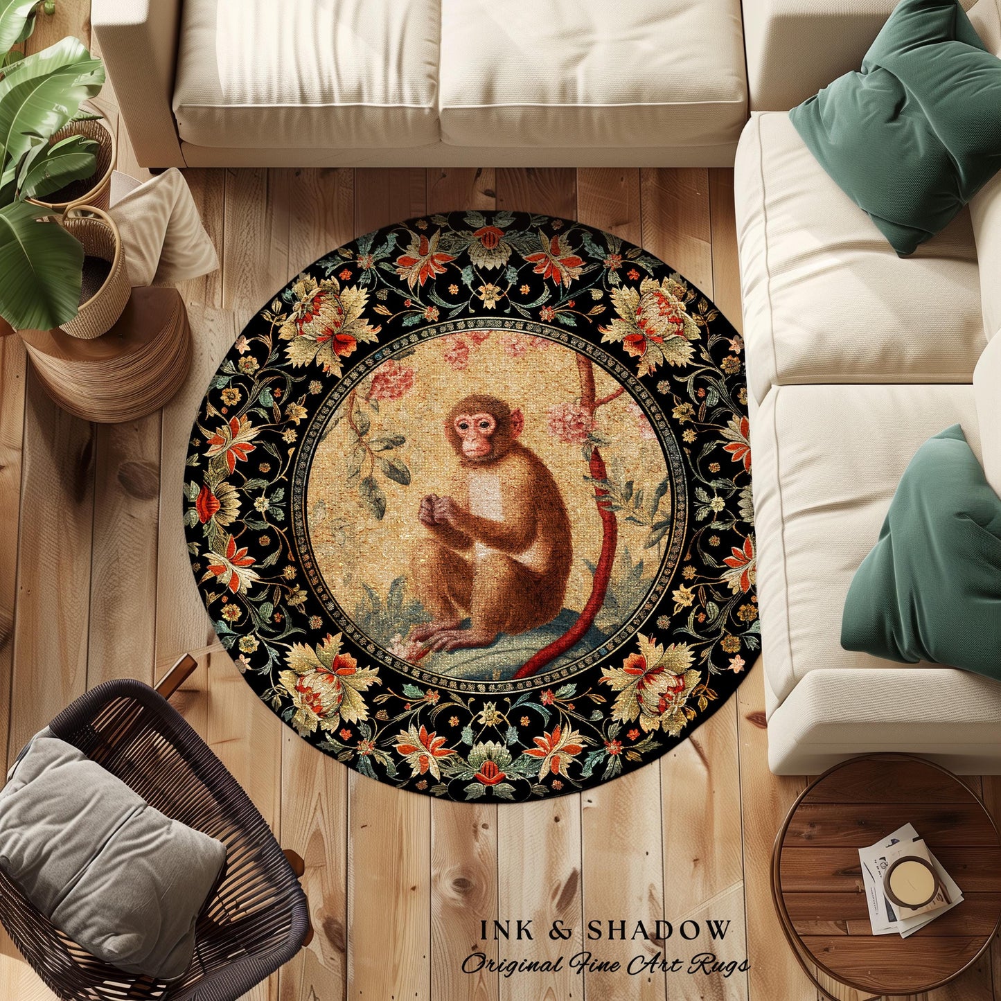 Woodland Gothic Floral Round Monkey Rug Morris Monkey | Vintage Cottagecore Aesthetic Dark Fairycore Bedroom Art Victorian Decorative Rug