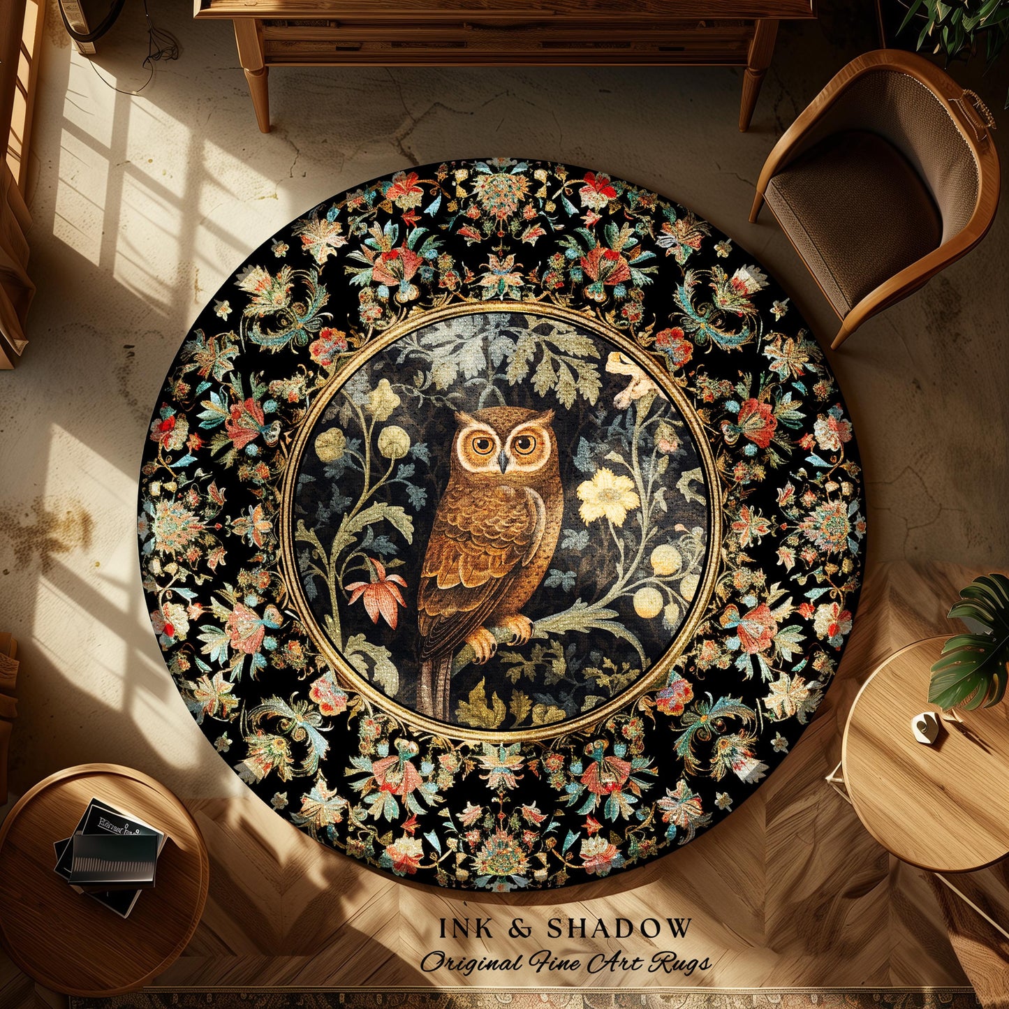 Woodland Floral Round Owl Rug Morris Inspired Forest Aesthetic | Fairycore Boho Bedroom Botanical Forestcore Art Whimsical Book Nook Owl Rug