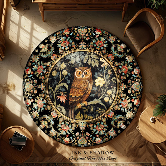 Woodland Floral Round Owl Rug Morris Inspired Forest Aesthetic | Fairycore Boho Bedroom Botanical Forestcore Art Whimsical Book Nook Owl Rug