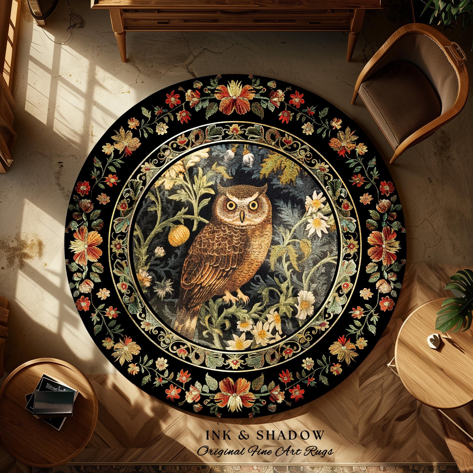 Whimsical Room Decor Eclectic Owl Round Area Rug Botanical Morris Inspired Forest Aesthetic Fairycore Book Nook Rug Floral Owl Decoration