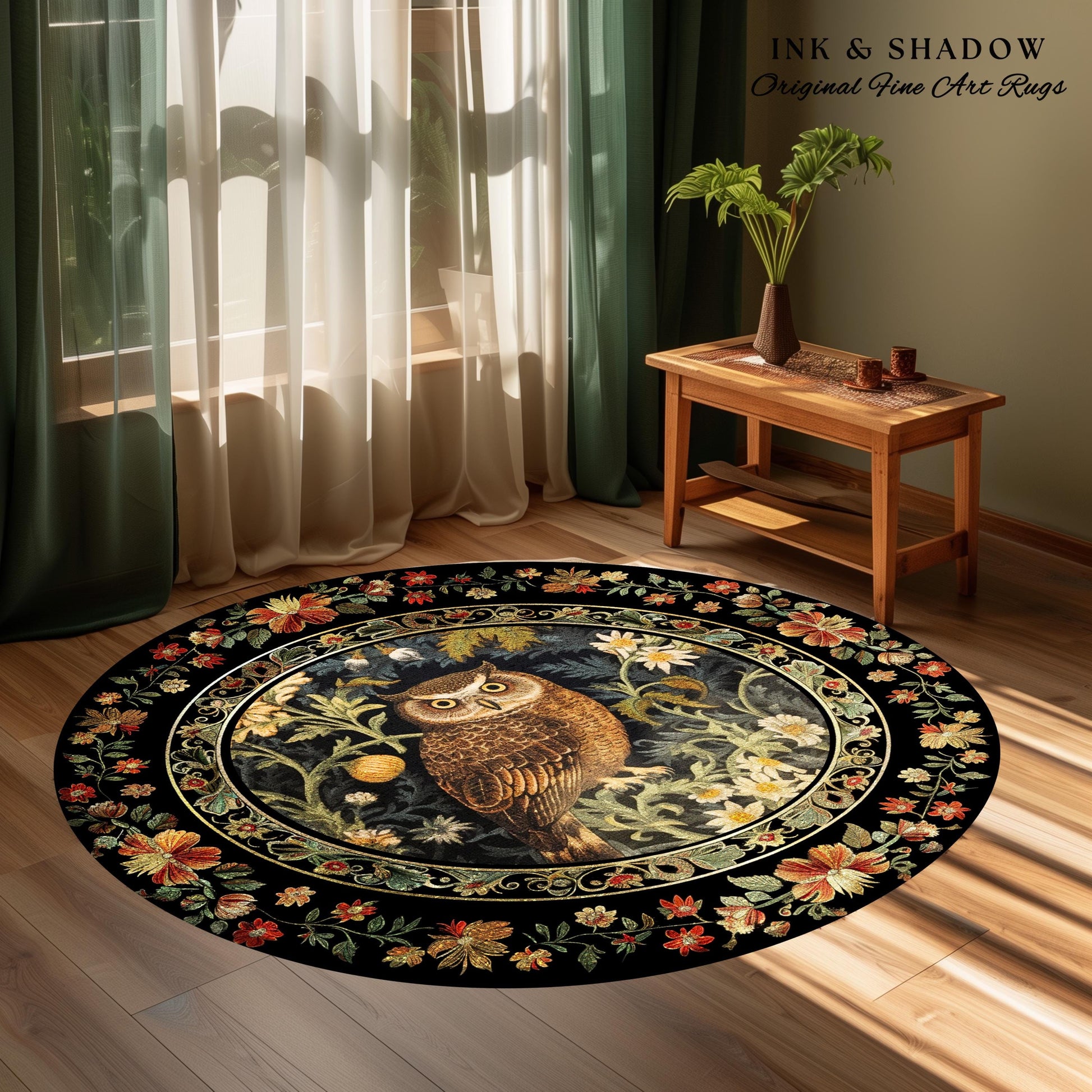 Whimsical Room Decor Eclectic Owl Round Area Rug Botanical Morris Inspired Forest Aesthetic Fairycore Book Nook Rug Floral Owl Decoration