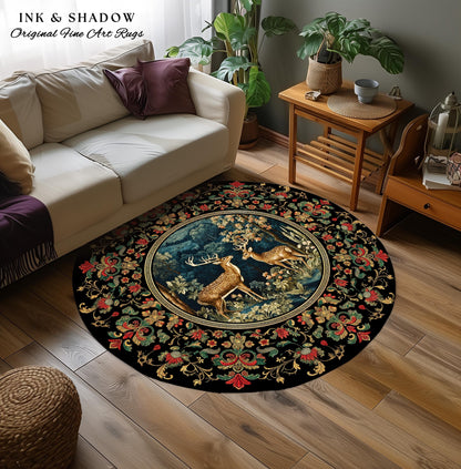 Enchanted Forest Deer Rug Round Vintage Aesthetic Dark Floral Woodland Gothic | Mystical Forestcore Folklore Fairy Grunge Nature Area Rug