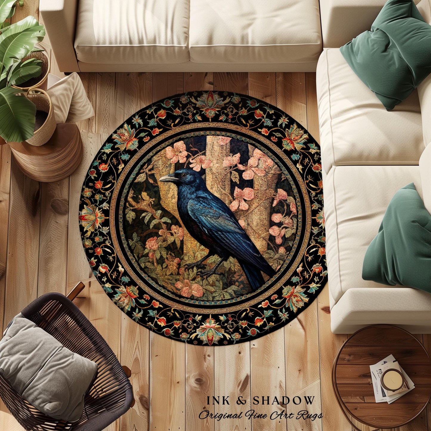 Crowcore Area Rug | Woodland Gothic Room Decor William Morris Inspired Cottagecore Aesthetic Dark Fairycore Bedroom Black Crow Raven