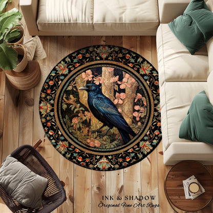 Crowcore Area Rug | Woodland Gothic Room Decor William Morris Inspired Cottagecore Aesthetic Dark Fairycore Bedroom Black Crow Raven