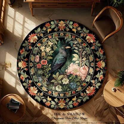 Dark Floral Raven Area Rug | Ethereal Gothic Room Decor William Morris Inspired Cottagecore Aesthetic Dark Fairycore Bedroom Crow Core Art |