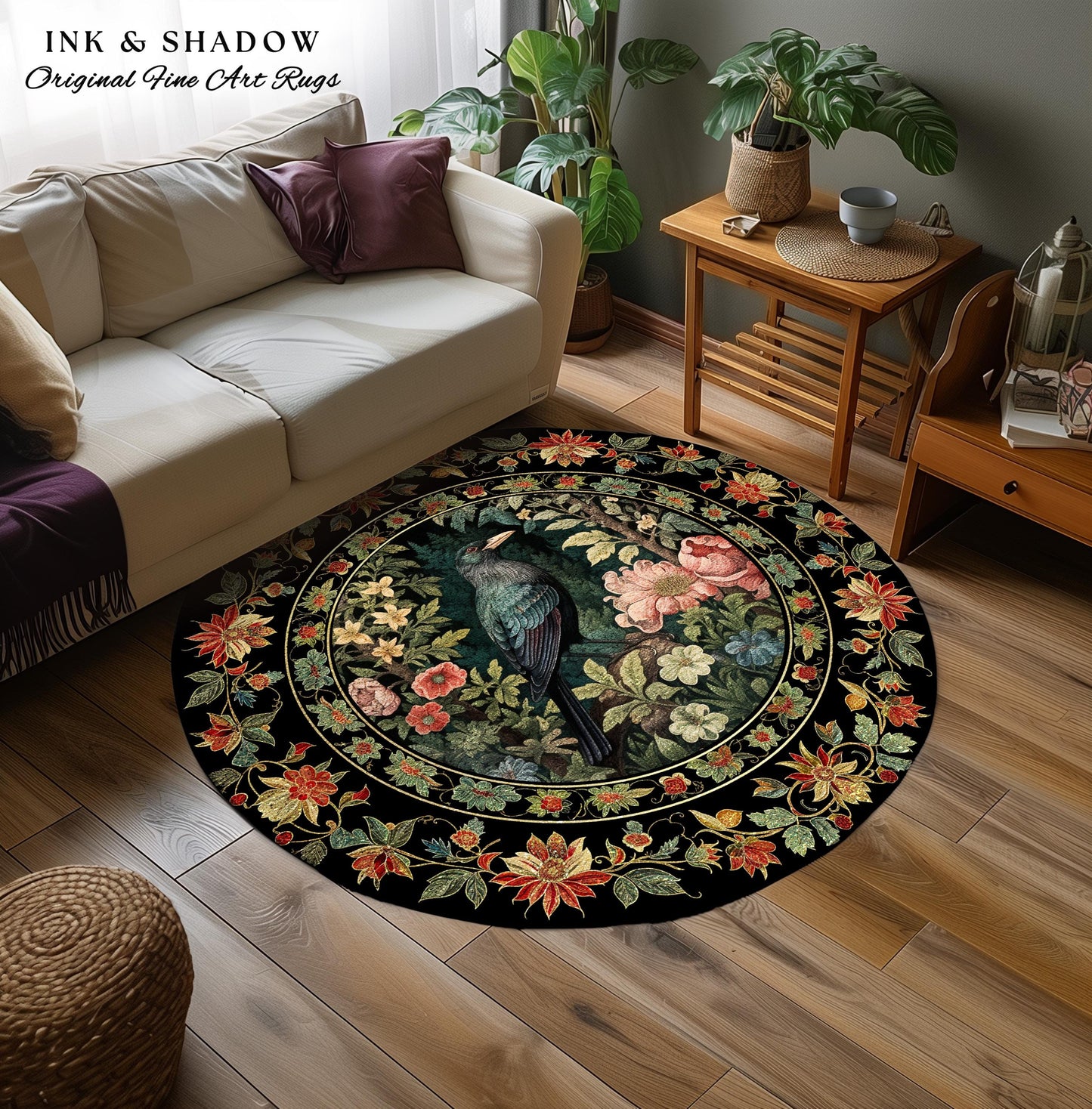 Dark Floral Raven Area Rug | Ethereal Gothic Room Decor William Morris Inspired Cottagecore Aesthetic Dark Fairycore Bedroom Crow Core Art |