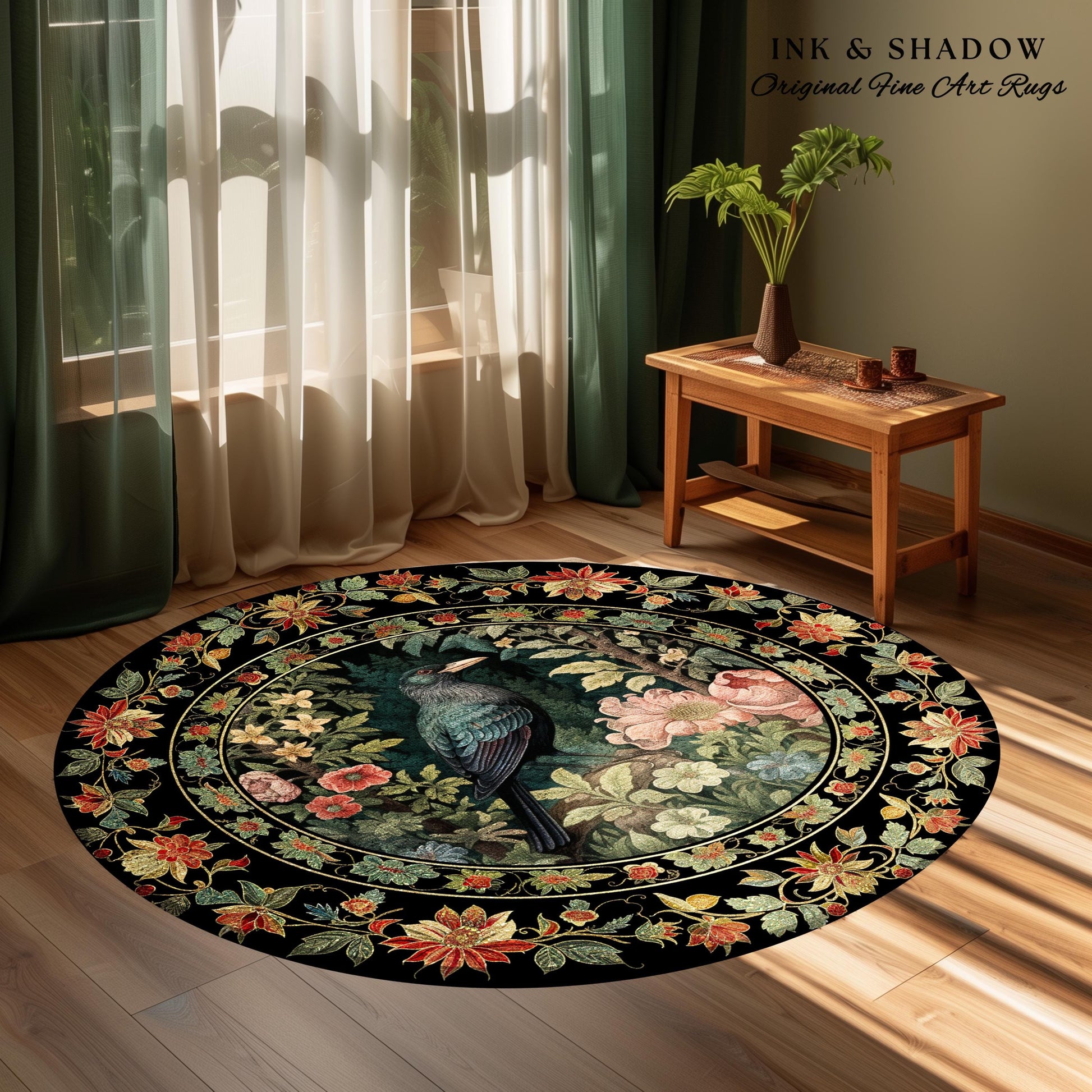 Dark Floral Raven Area Rug | Ethereal Gothic Room Decor William Morris Inspired Cottagecore Aesthetic Dark Fairycore Bedroom Crow Core Art |