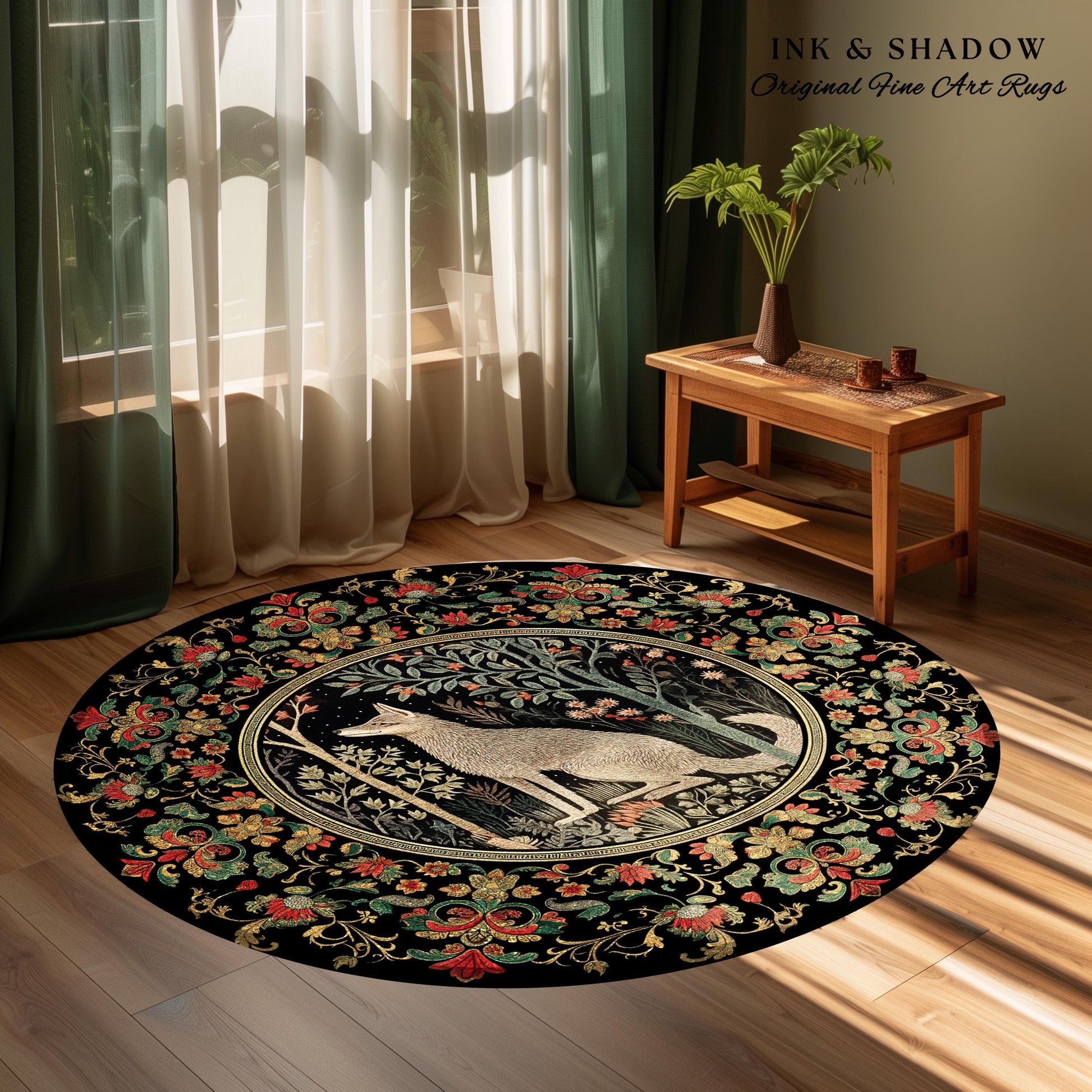 Boho Scandi Round Wolf Rug Woodland Theme Decor Morris Inspired Floral Cottagecore | Fairycore Scandinavian Danish Dark Pastel Wolf Art Rug