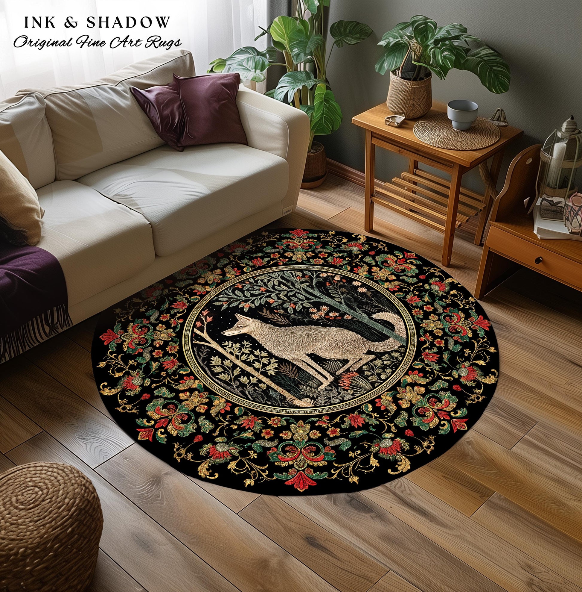 Boho Scandi Round Wolf Rug Woodland Theme Decor Morris Inspired Floral Cottagecore | Fairycore Scandinavian Danish Dark Pastel Wolf Art Rug