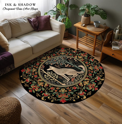 Boho Scandi Round Wolf Rug Woodland Theme Decor Morris Inspired Floral Cottagecore | Fairycore Scandinavian Danish Dark Pastel Wolf Art Rug