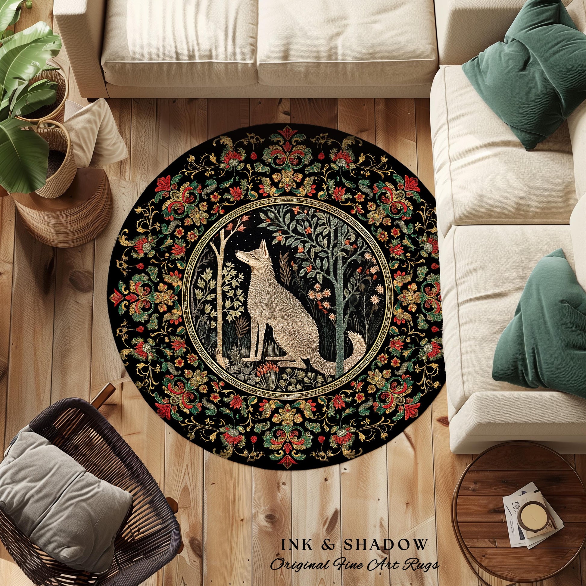 Boho Scandi Round Wolf Rug Woodland Theme Decor Morris Inspired Floral Cottagecore | Fairycore Scandinavian Danish Dark Pastel Wolf Art Rug