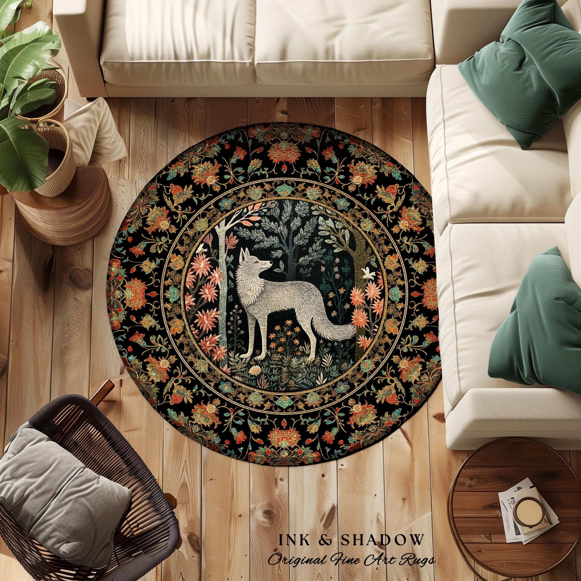 Scandinavian Wolf Rug | Woodland Theme Room Decor William Morris Inspired Cottagecore Aesthetic Fairycore Bedroom Magical Nature Inspired |