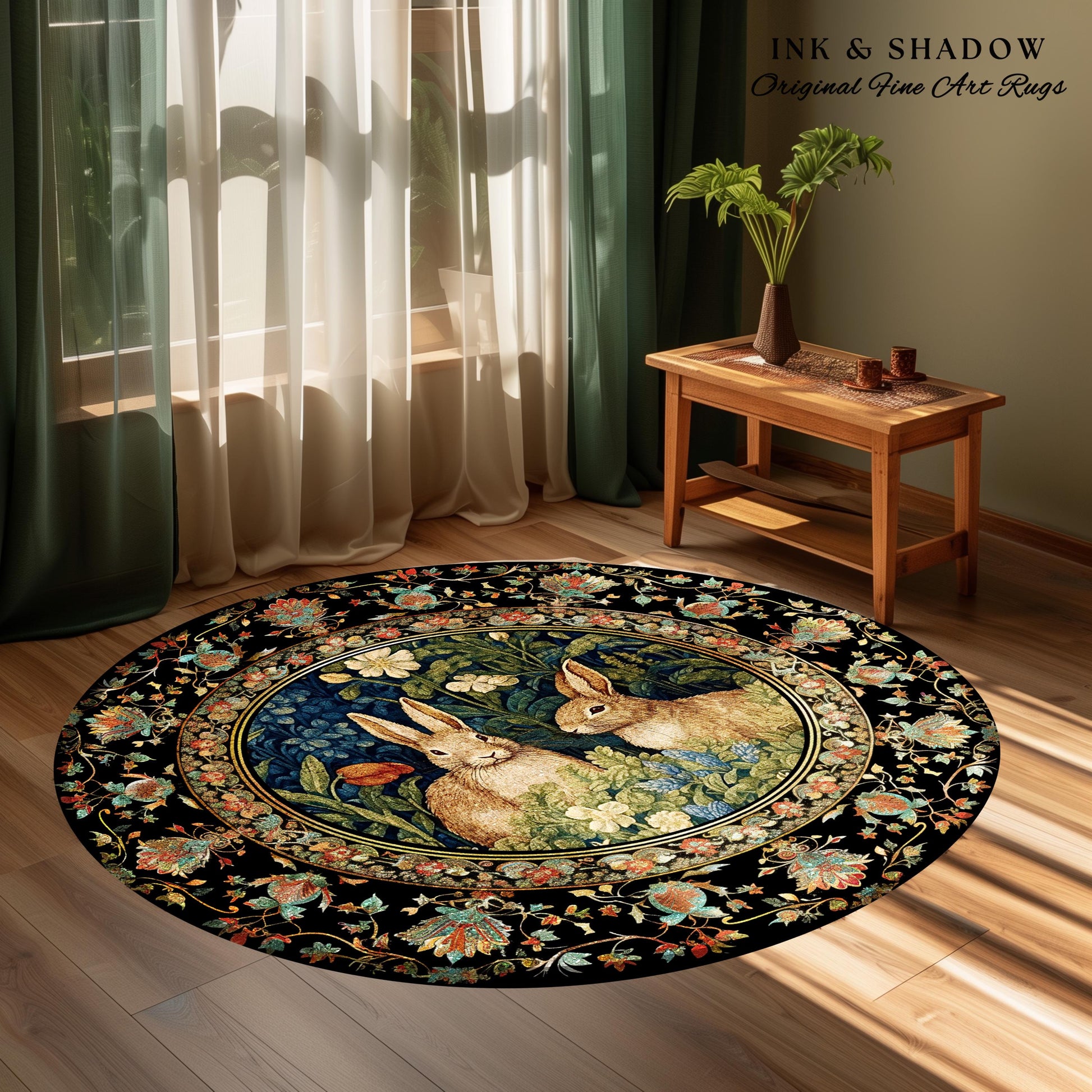 Woodland Fairycore Floral Round Rabbits Rug Morris Inspired Forest Fairycore | Botanical Bunny Victorian Cottagecore Bunnies Spring Art Rug