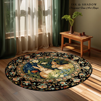Woodland Fairycore Floral Round Rabbits Rug Morris Inspired Forest Fairycore | Botanical Bunny Victorian Cottagecore Bunnies Spring Art Rug