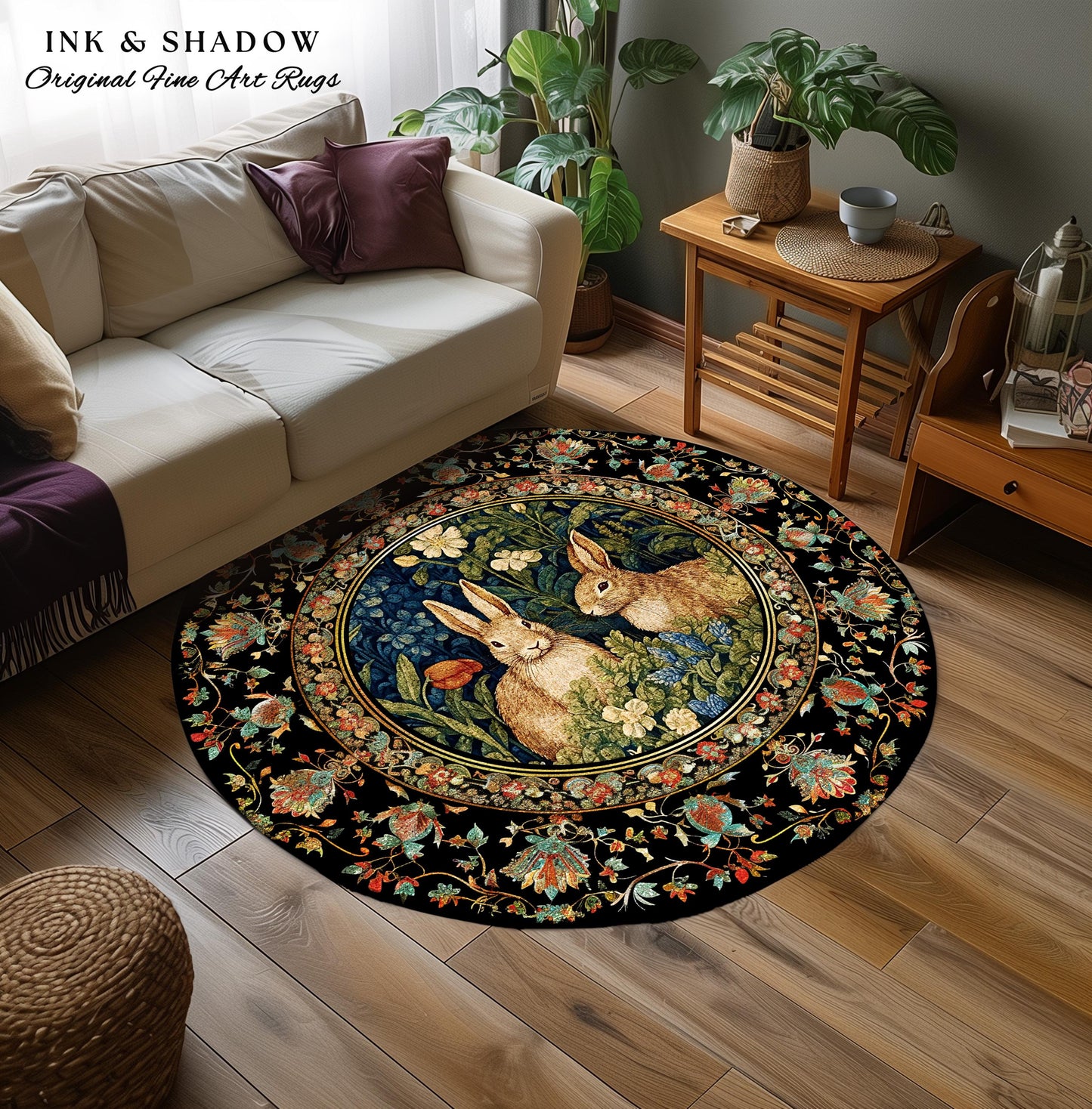 Woodland Fairycore Floral Round Rabbits Rug Morris Inspired Forest Fairycore | Botanical Bunny Victorian Cottagecore Bunnies Spring Art Rug