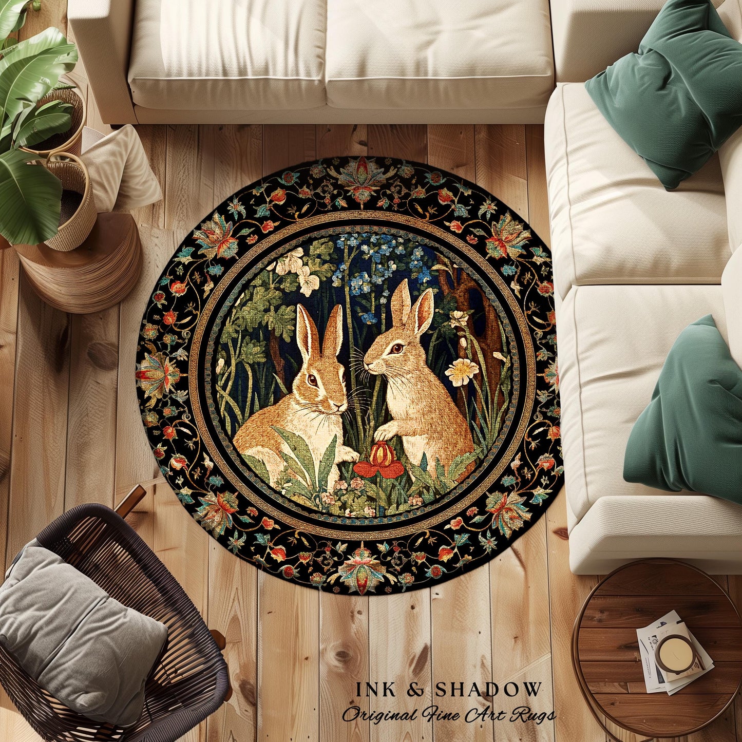 Bunnies in the Woodland Rug | Spring Bunnies Room Decor William Morris Inspired Forest Aesthetic Fairycore Bedroom Floral Bunny Victorian