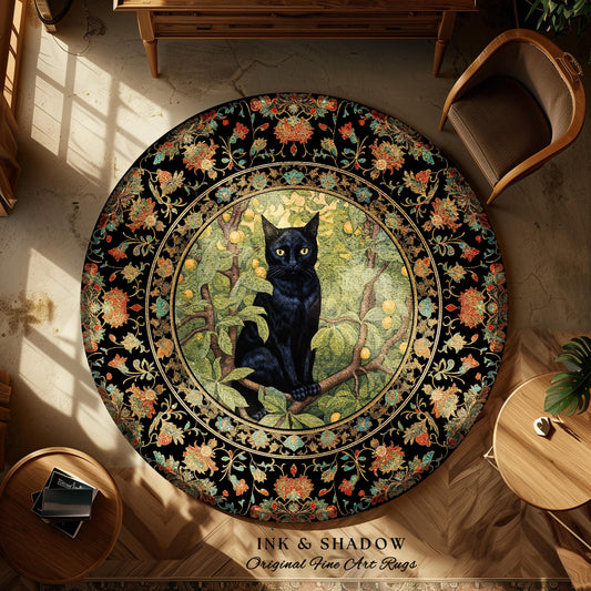 Mystic Botanical Cottagecore Round Cat Rug Morris Inspired Forest Whimsy Decor | Woodland Fairycore Black Cat Floral Reading Corner Art Rug