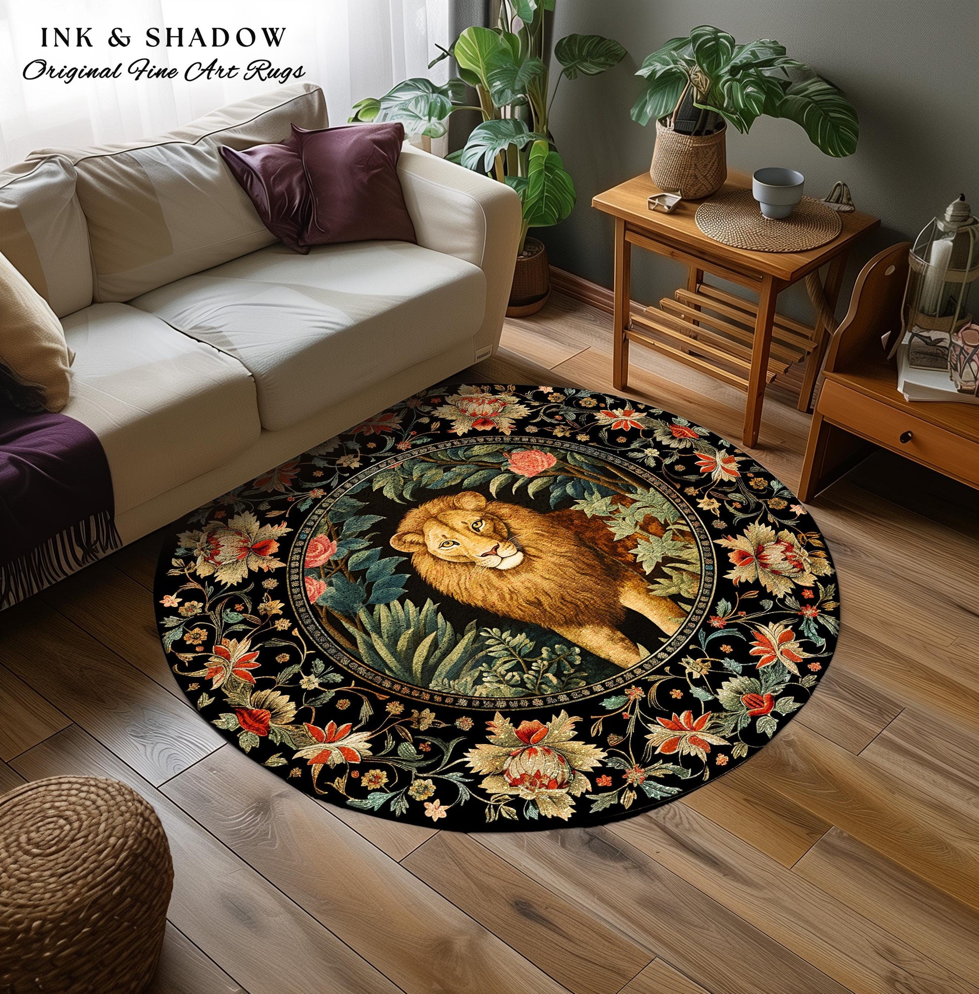 Mystic Jungle Rug | Rainforest Themed Room Decor William Morris Style Aesthetic Fairycore Boho Bedroom Rug Jungle Lion Floral Botanical