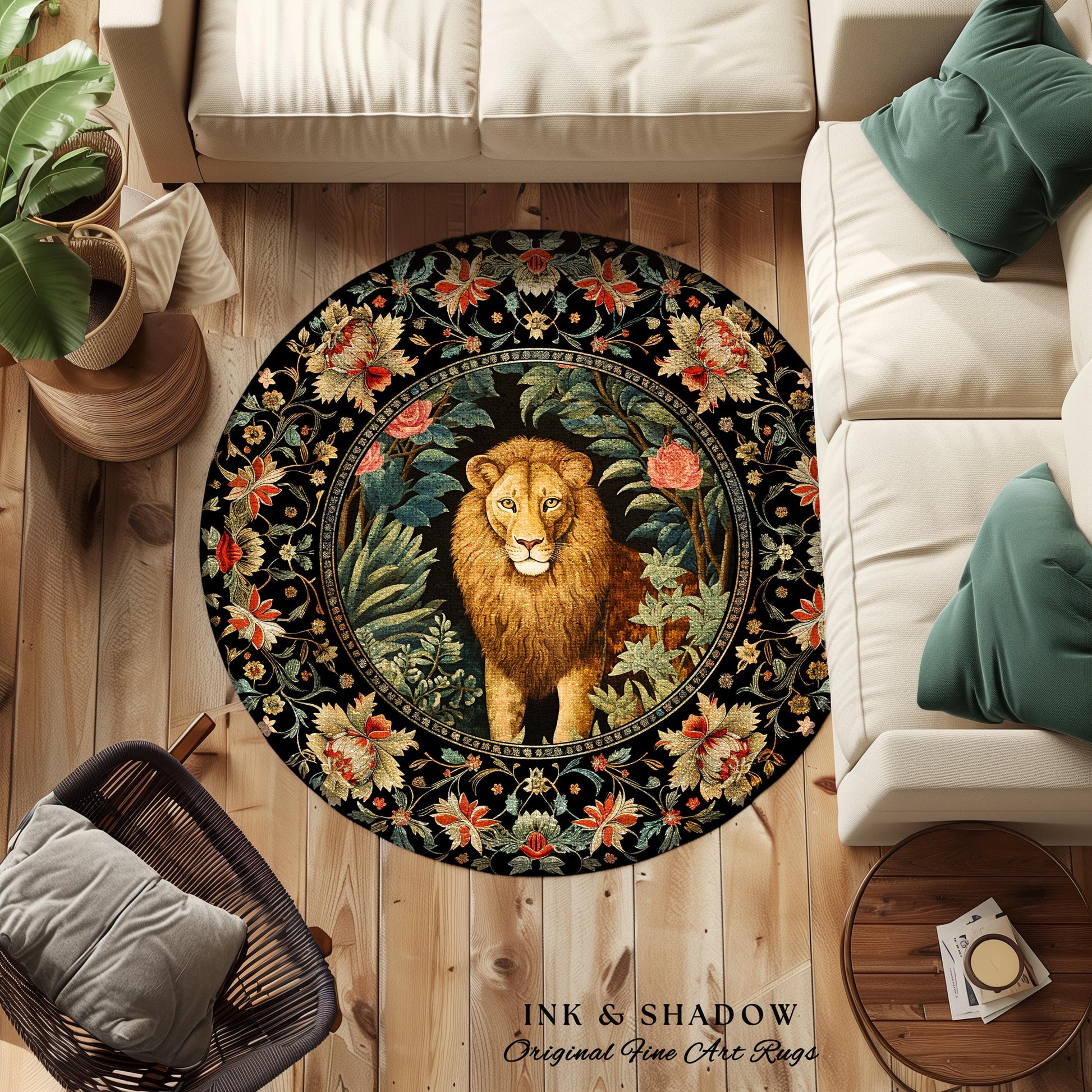 Mystic Jungle Rug | Rainforest Themed Room Decor William Morris Style Aesthetic Fairycore Boho Bedroom Rug Jungle Lion Floral Botanical
