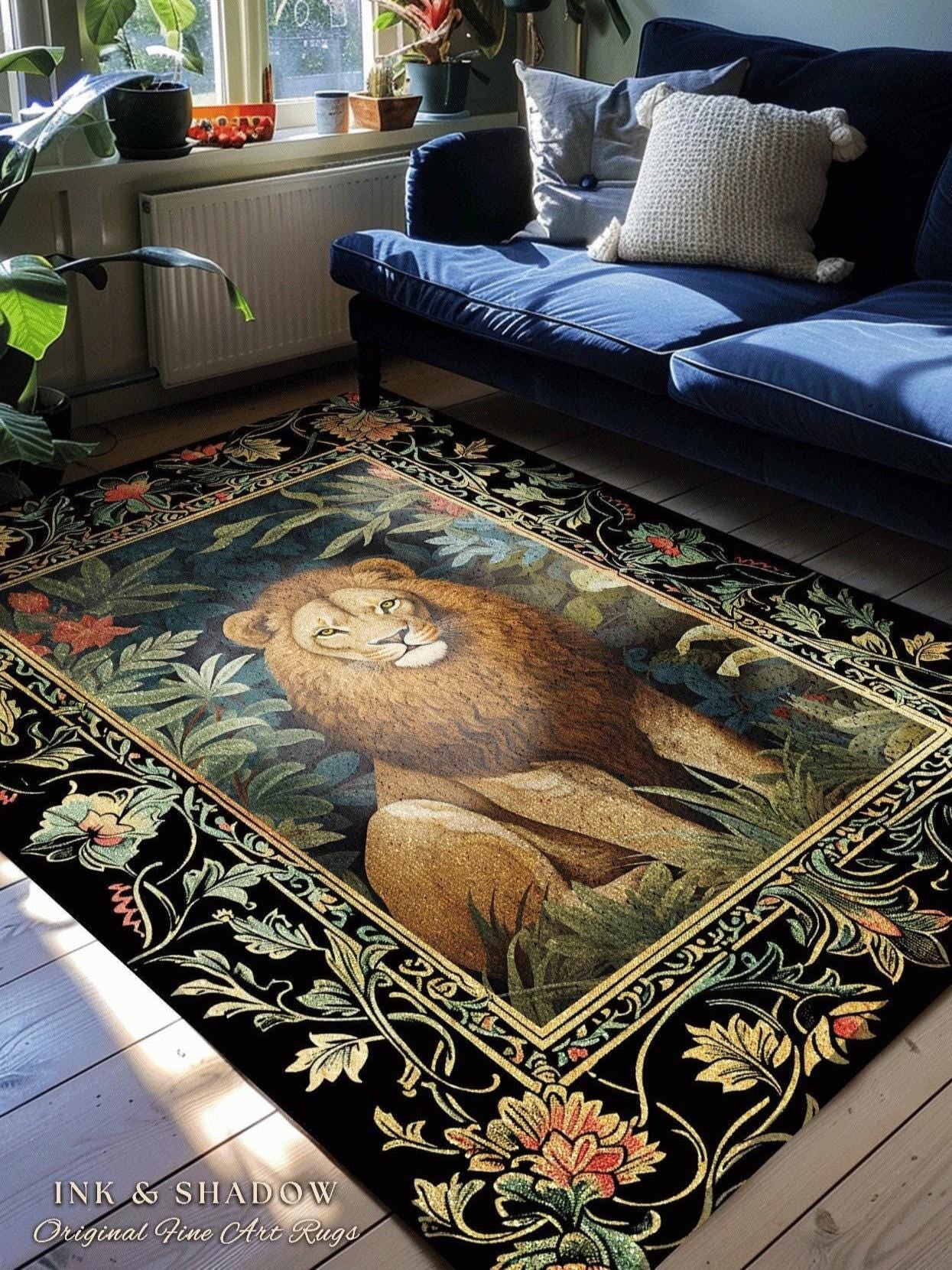 Lion Area Rug Botanical | Nature Inspired Room Decor William Morris Style Aesthetic Fairycore Boho Bedroom Rug Jungle Leopard Dark Floral