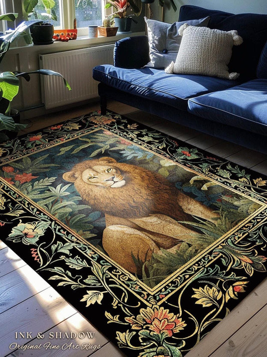 Lion Area Rug Botanical | Nature Inspired Room Decor William Morris Style Aesthetic Fairycore Boho Bedroom Rug Jungle Leopard Dark Floral