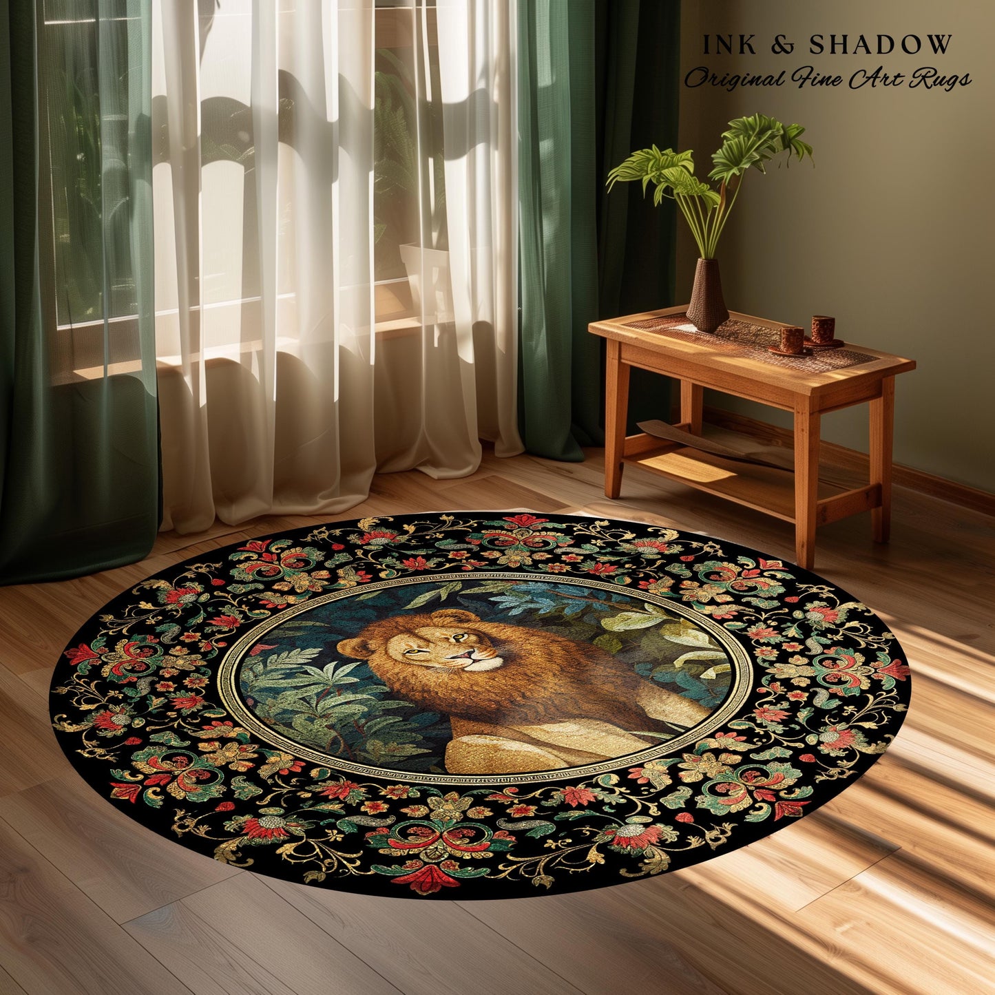 Lion Area Rug Botanical | Nature Inspired Room Decor William Morris Style Aesthetic Fairycore Boho Bedroom Rug Jungle Leopard Dark Floral